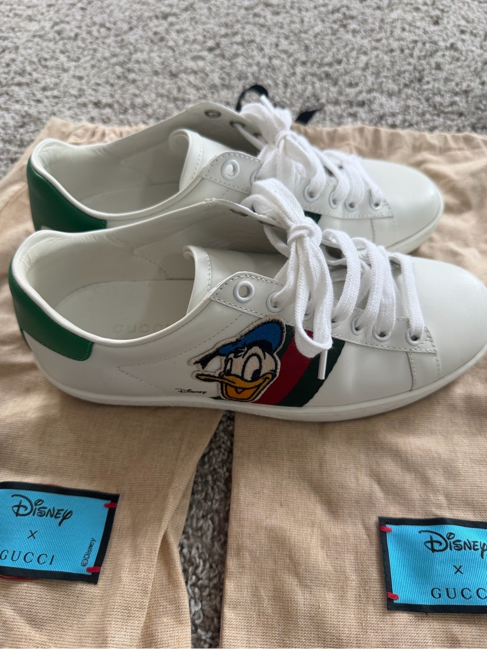Authentic Gucci White Leather Sneakers with Donald Duck Patch and Green Heel Tab